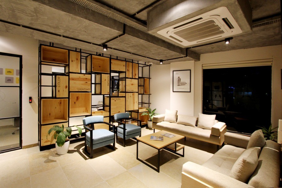 Living room with an air purifier installed in the ceiling.