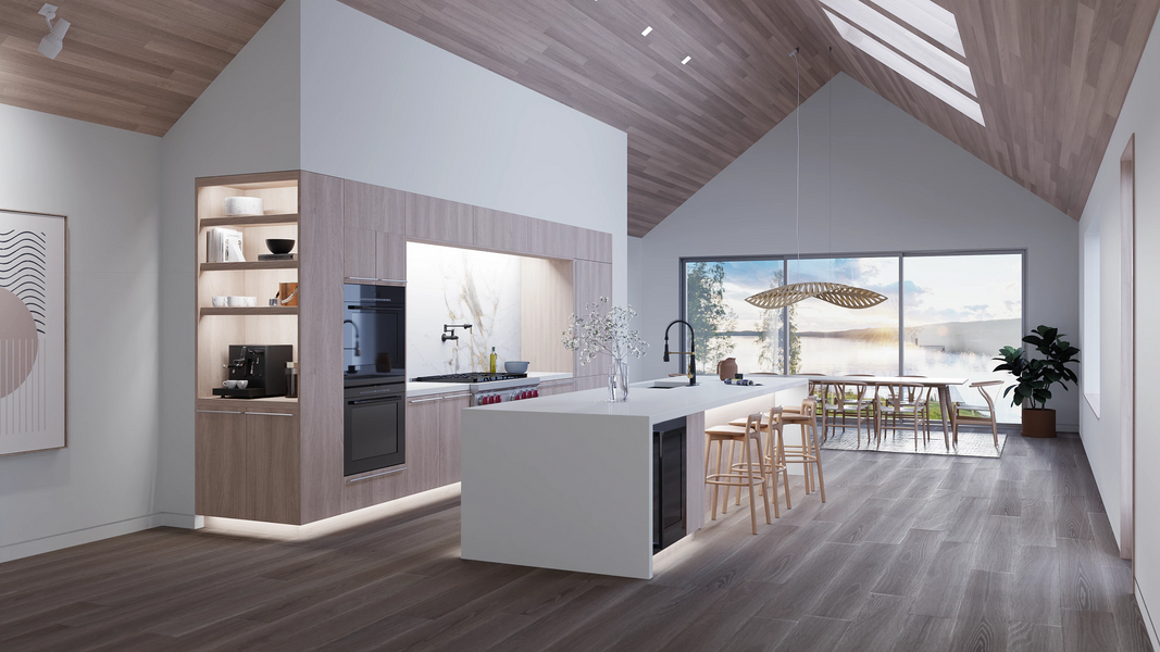 Modern kitchen with wooden accents, high ceilings, and lake view through large windows.