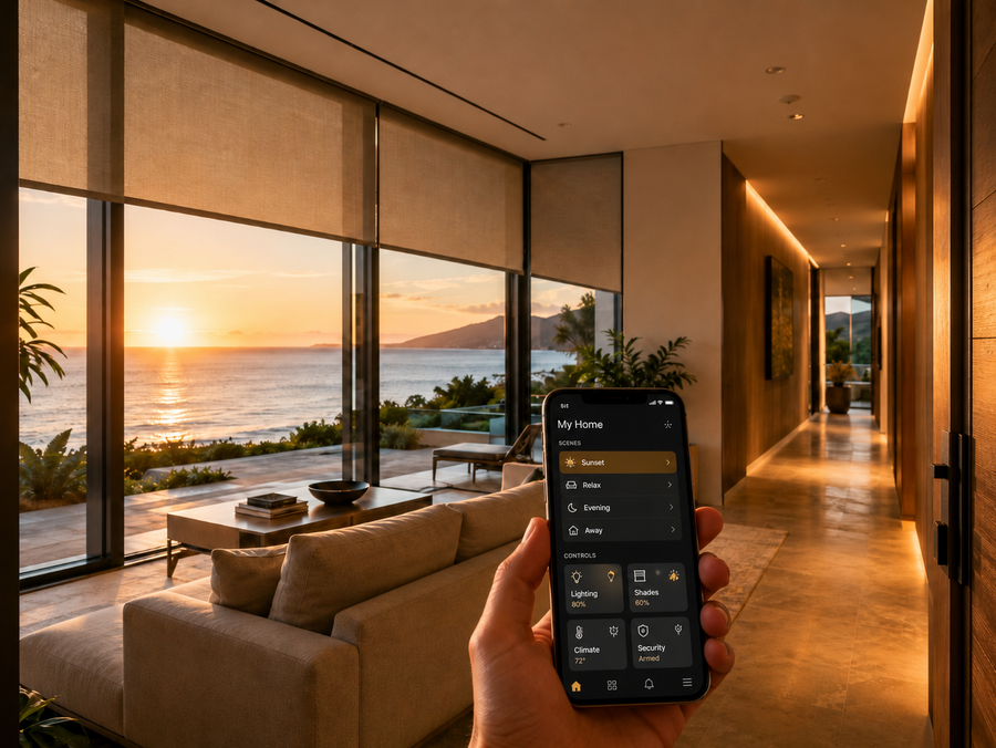 Luxury Hawaii living room at sunset with ocean views, motorized shades, warm hallway lighting, and a smartphone displaying smart home controls.